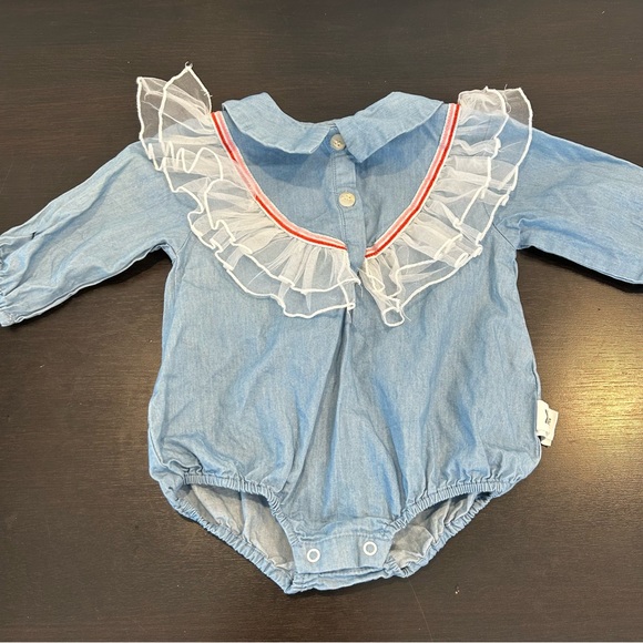 Other - ☀️ 3/$15 Chambray Long Sleeve Bodysuit with Ruffle Collar Blue